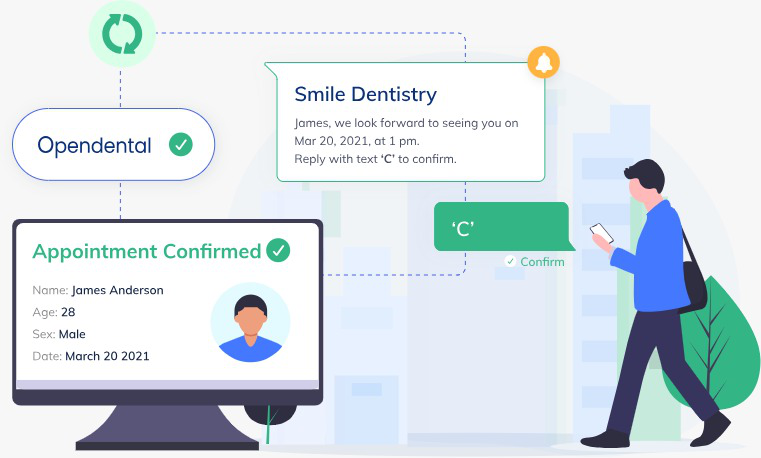 Dental office sending automatic and personalized reminders to your patients via email, text, or phone calls. And confirmations received from patients are recorded in the Opendental schedule.
