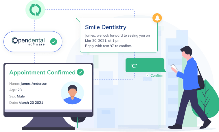 Dental office sending automatic and personalized reminders to your patients via email, text, or phone calls. And confirmations received from patients are recorded in the Opendental schedule.